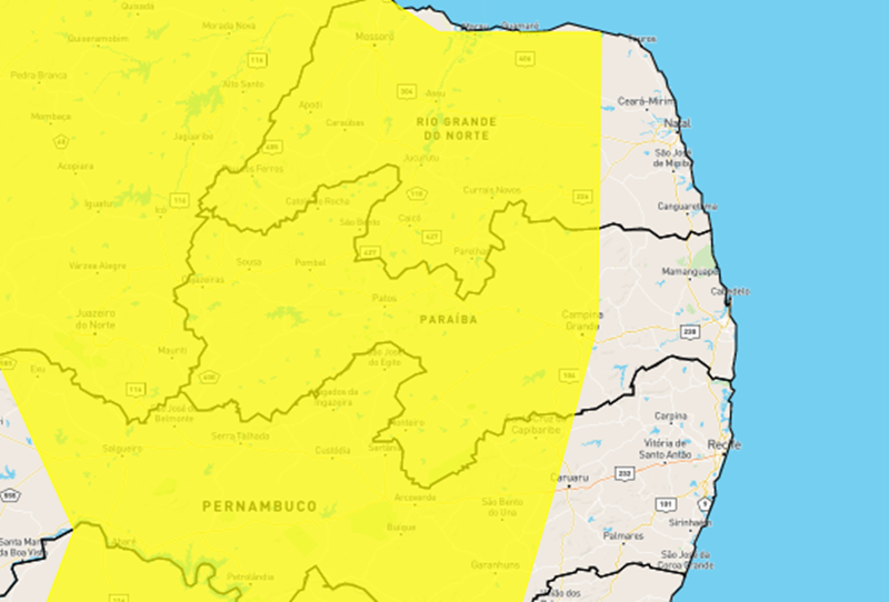 Inmet: Patos e várias cidades do Sertão estão sob alerta para chuva internsa nas próximas horas> Veja a lista