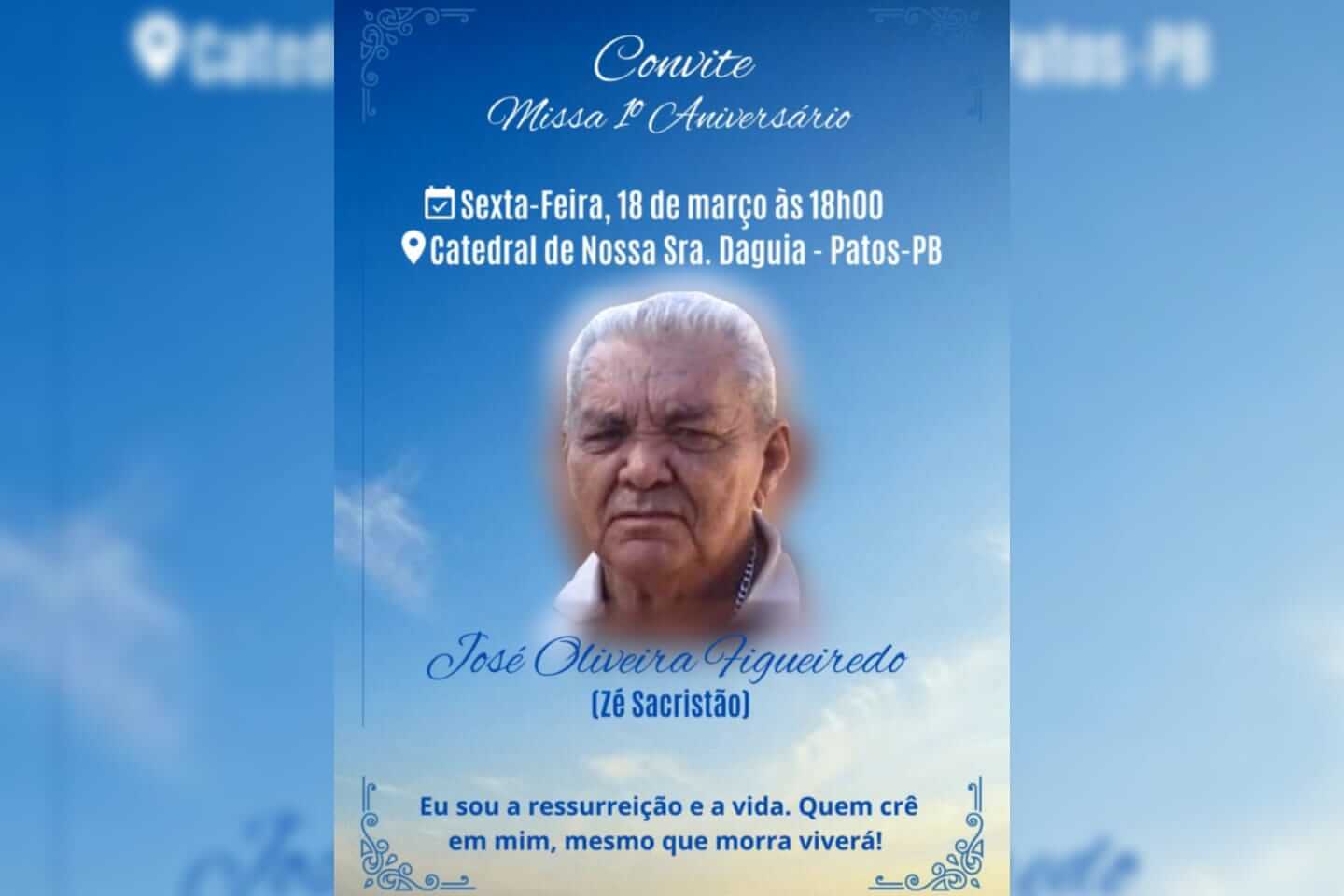 Familiares convidam para missa de 1° aniversário por alma de José Oliveira Figueiredo, mais conhecido por ‘Zé Sacristão’