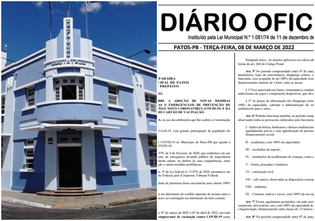 Novo Decreto em Patos: Bares, restaurantes, ginásios, estádios e Igrejas podem funcionar com 100% da capacidade local