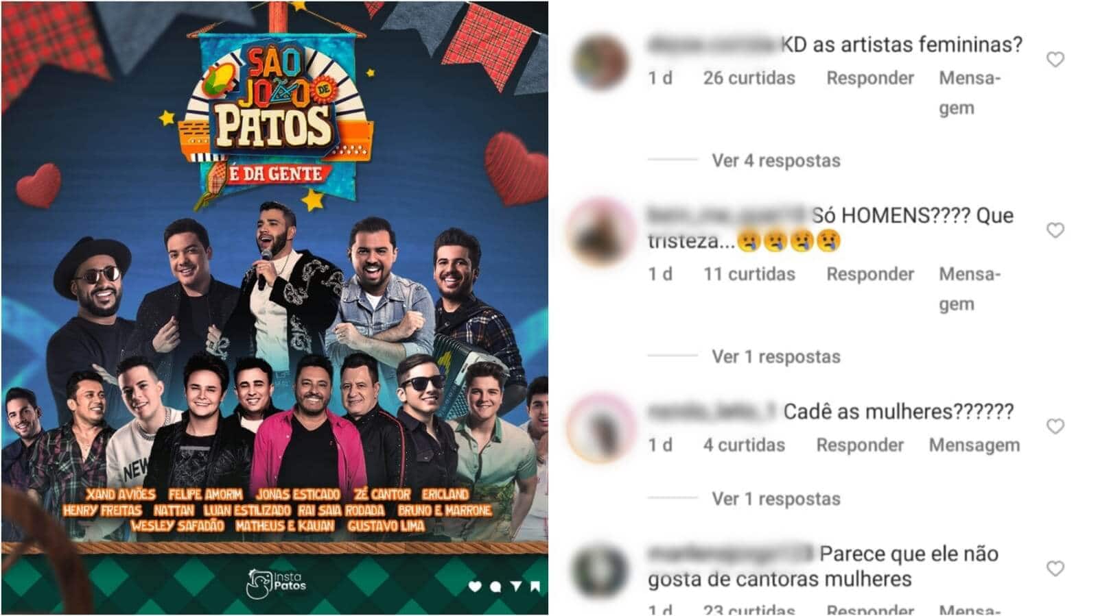 Internautas repercutem ausência feminina entre as atrações principais do São João de Patos 2022