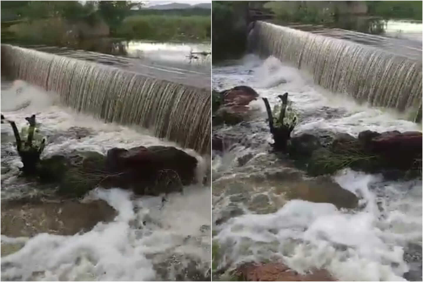 Após forte chuva na noite desta terça (16), Açude do Tubarão, em São José do Bonfim, amanhece sangrando, levando água para o Açude do Jatobá