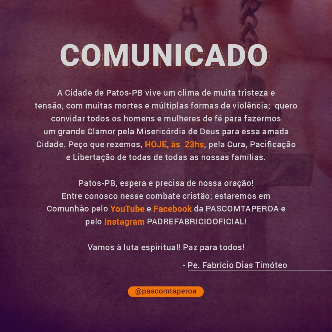 Pe. Fabrício convida cristãos para live de oração pela Cura, Pacificação e Libertação das famílias, na noite deste domingo (20)