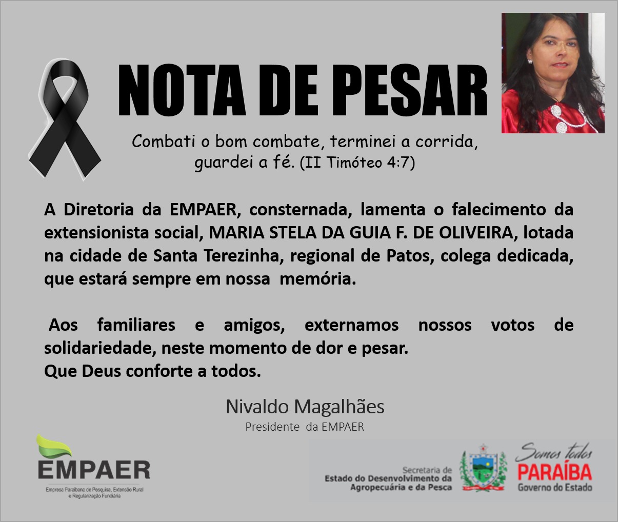 EMPAER divulga Nota de Pesar pelo falecimento da servidora Maria Stela, filha natural de Santa Terezinha-PB