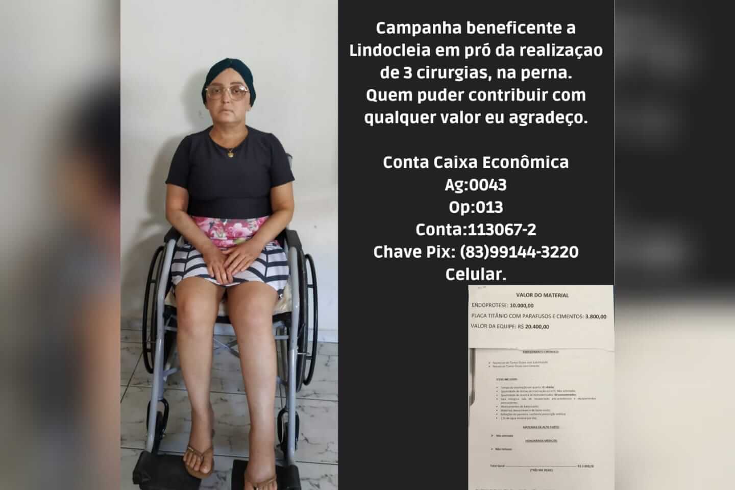 Mulher patoense acometida de câncer, pede contribuição em campanha solidária para custear três cirurgias na perna. Confira