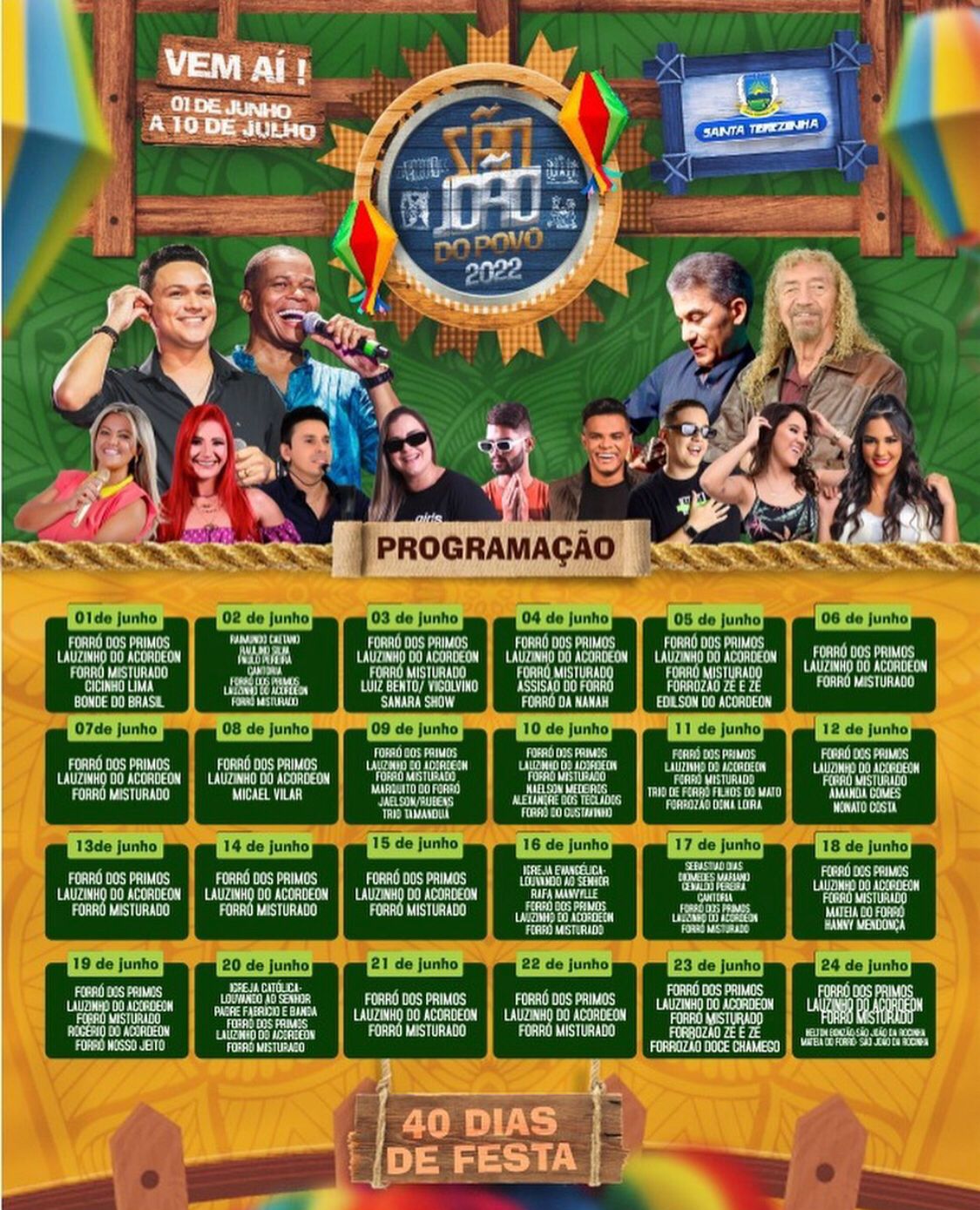 Com 40 noites de festa, programação do São João de Santa Terezinha tem Brasas do Forró, Bonde do Brasil, Os 3 do Nordeste, Nonato Costa, Assisão e mais. Confira