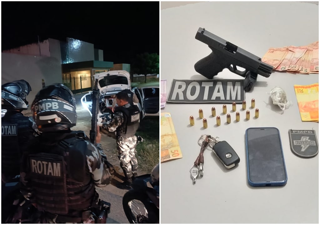 Policiais Militares da Rotam prendem homem de 24 anos portando uma pistola glock 380, na noite desta terça (10), em Patos