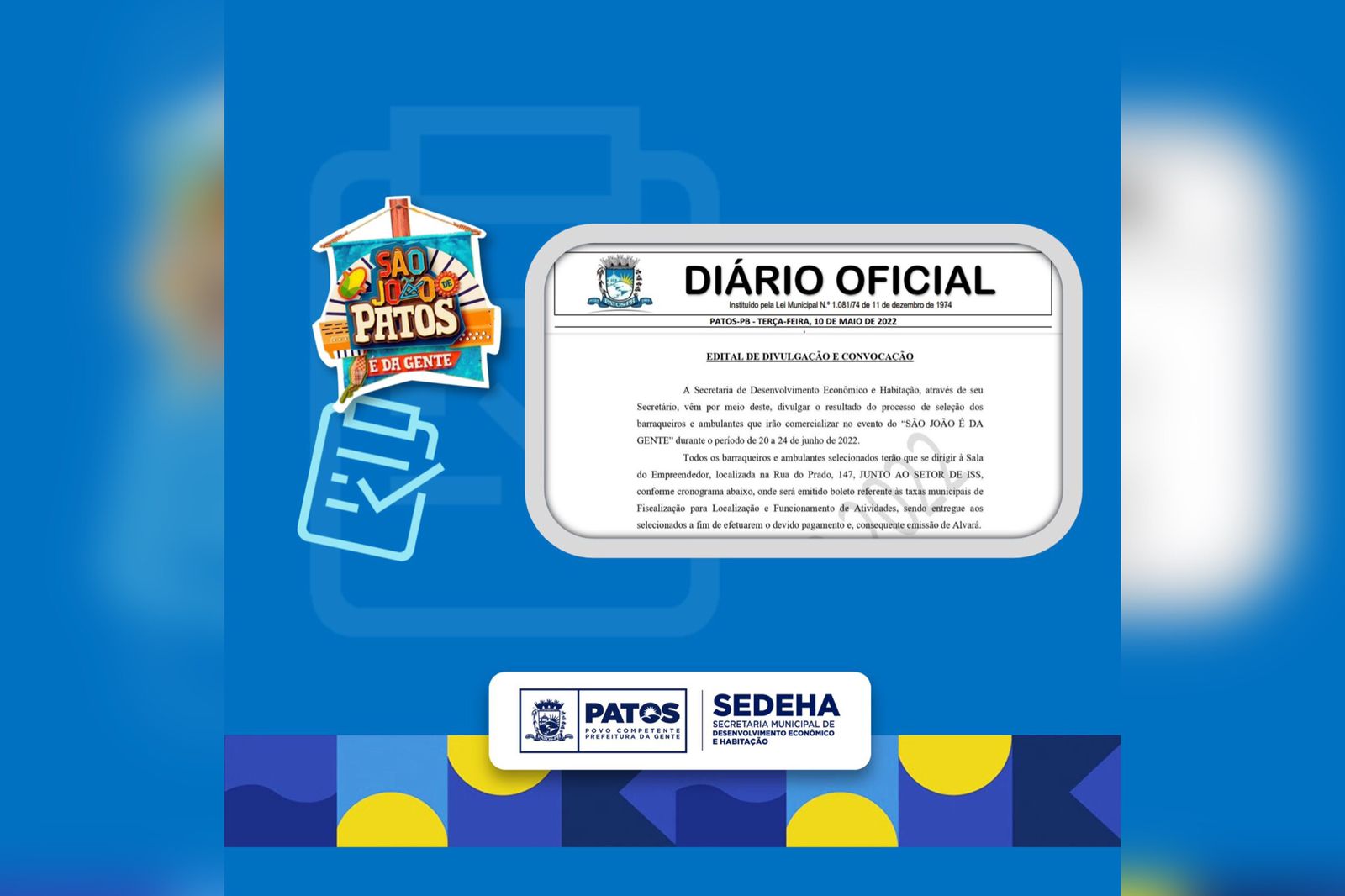 Prefeitura lança edital de divulgação e convocação de barraqueiros e ambulantes que irão trabalhar no São João de Patos 2022