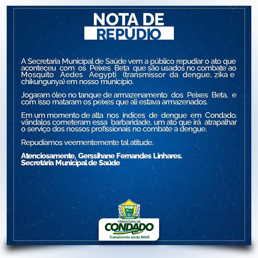 Em Condado-PB: Prefeitura repudia ação de vândalos que jogaram óleo para matar peixes usados no combate à dengue e anuncia obras