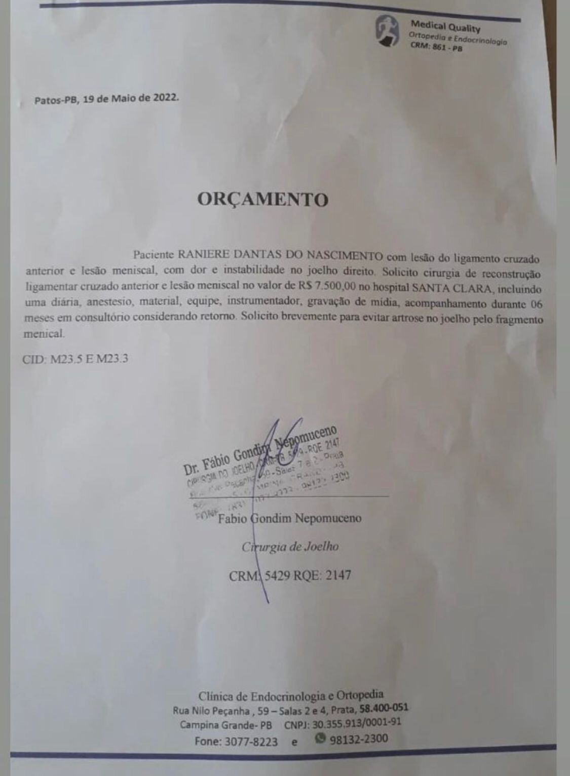 Jovem patoense está realizando campanha para custear cirurgia no joelho após sofrer uma lesão no ligamento cruzado anterior e lesão meniscal