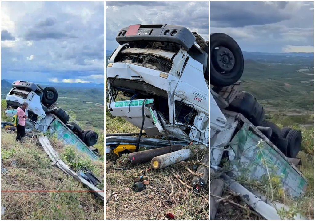 Caminhão carregado de cilindros de oxigênio hospitalar tomba na Serra do Teixeira, no final da tarde deste sábado (21)