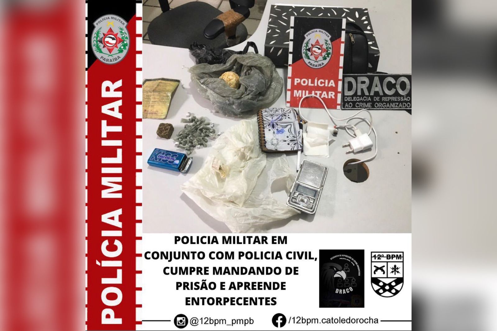 Polícia Militar cumpre mandado de prisão e apreende entorpecentes, em São Bento