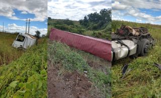 Carreta com contêiner capota entre as cidades de Condado e São Bentinho