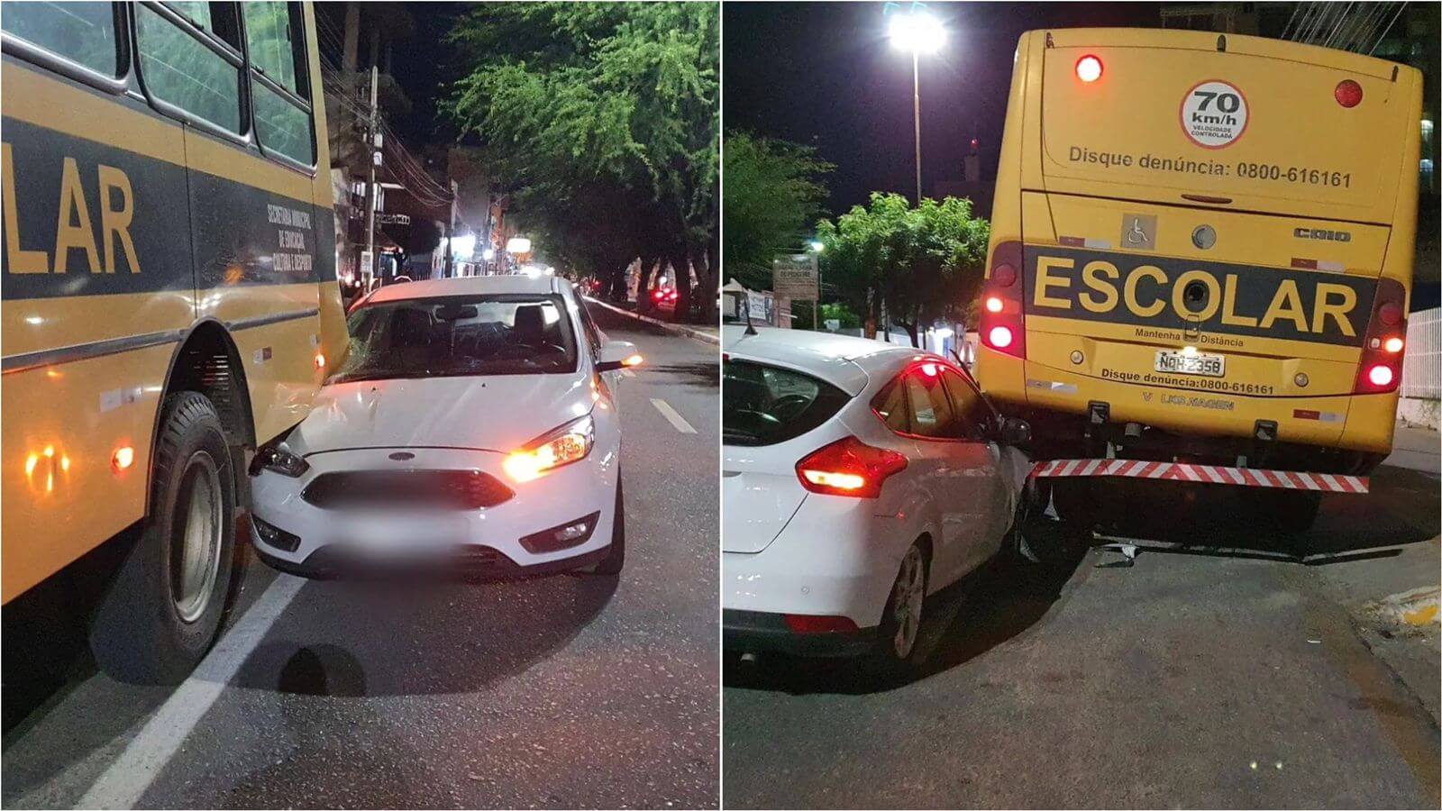 Acidente envolvendo ônibus escolar e carro é registrado na noite desta sexta-feira (27), em frente à Câmara Municipal de Patos