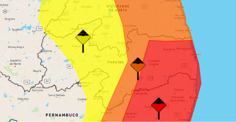 Inmet emite alertas amarelo, laranja e vermelho para chuvas intensas na Paraíba. Confira a lista dos municípios