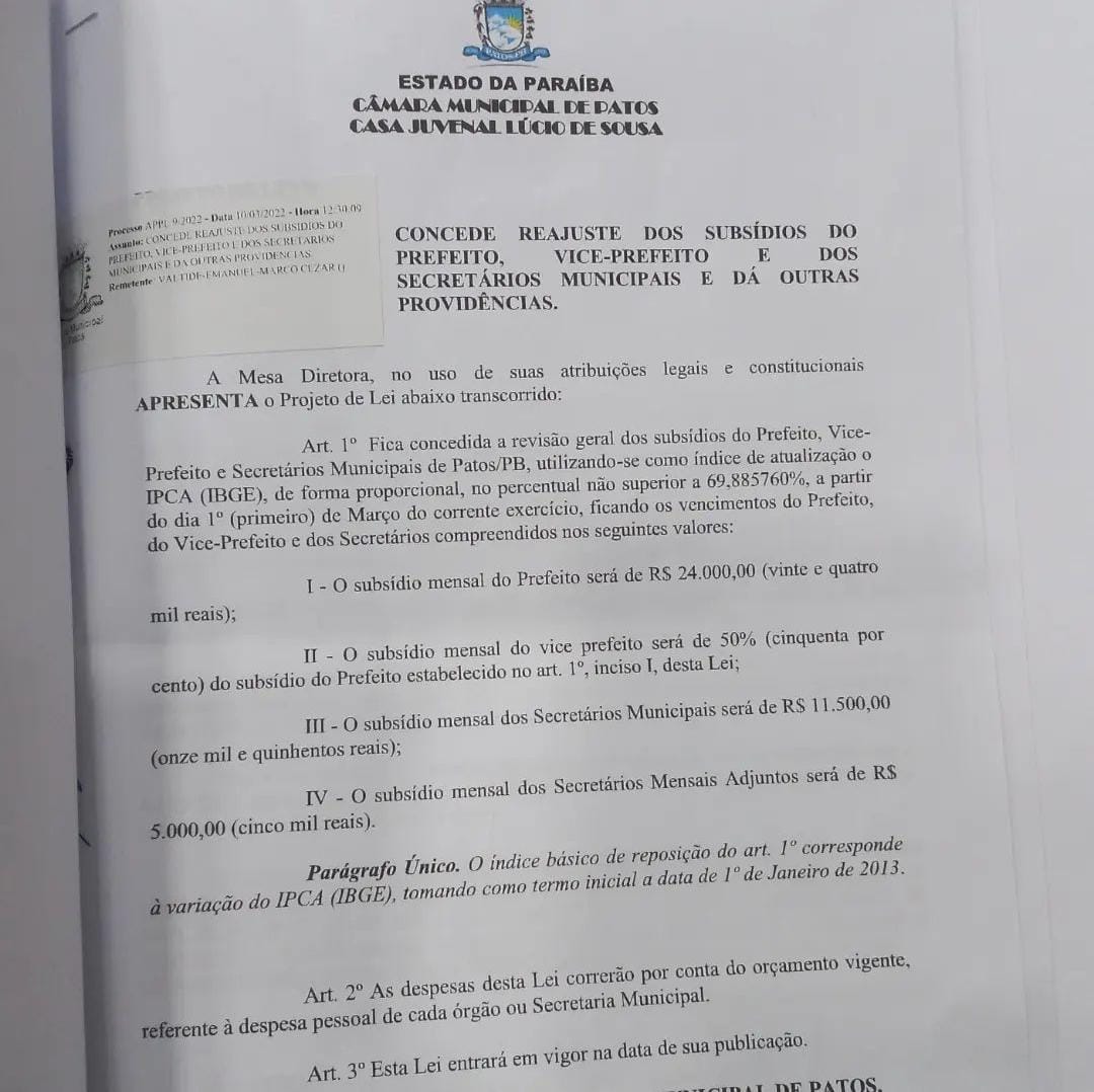 URGENTE: Apresentado na Câmara de Patos Projeto que aumenta salários do prefeito, vice-prefeito e secretários. Oposição critica e diz que votará contrário