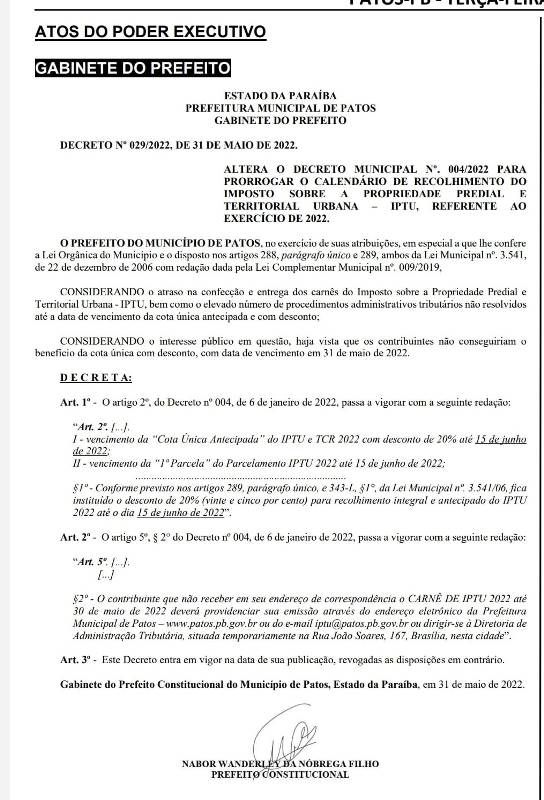 Pagamento do IPTU com 20% de desconto é prorrogado em Patos