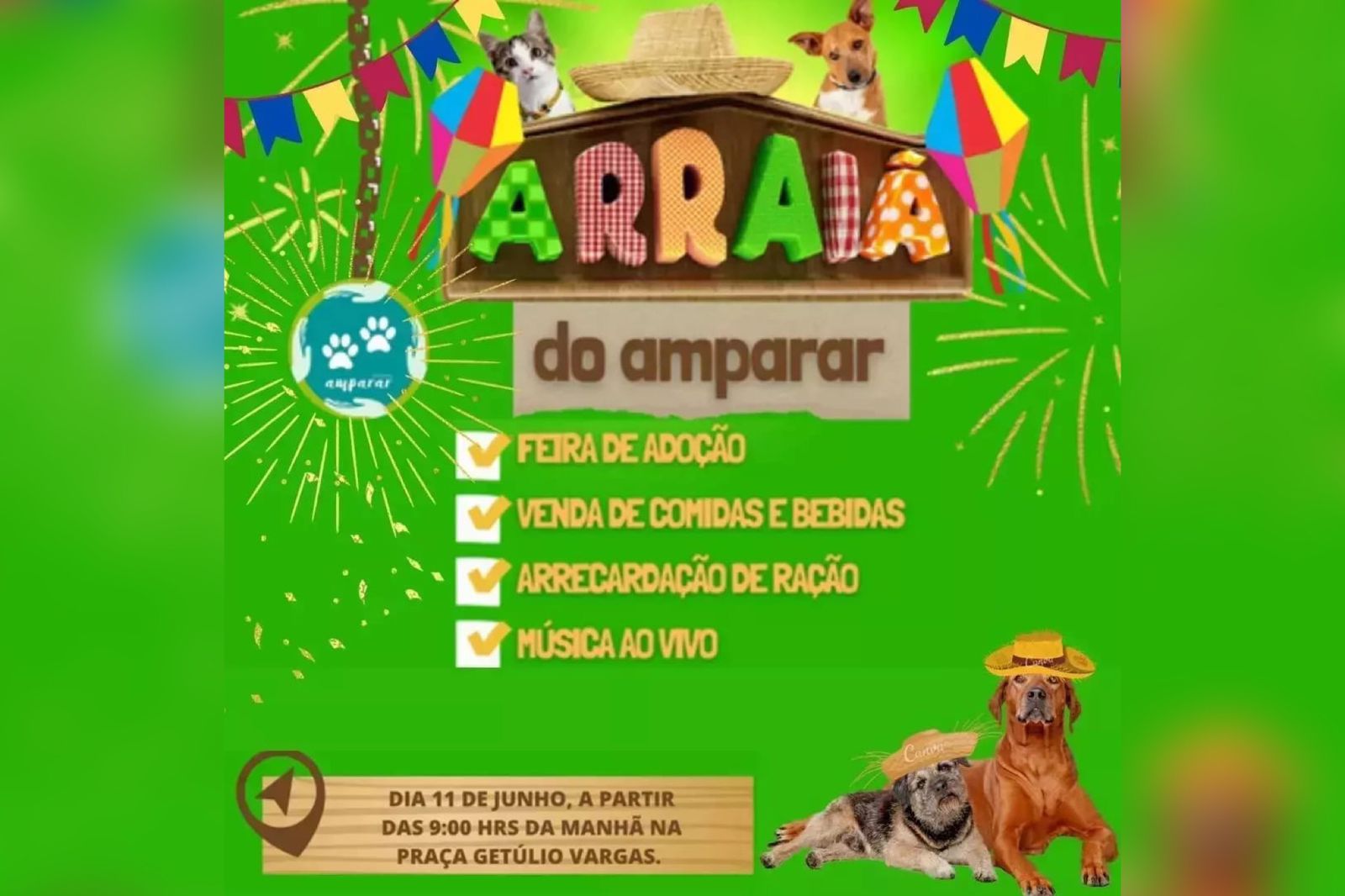 Arraiá do Amparar Animal tem feira de adoção e arrecadação de ração na cidade de Patos