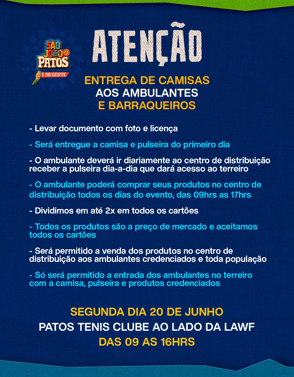 São João de Patos: Empresa convoca barraqueiros e isoposeiros para entrega de camisetas e pulseiras na segunda-feira (20)