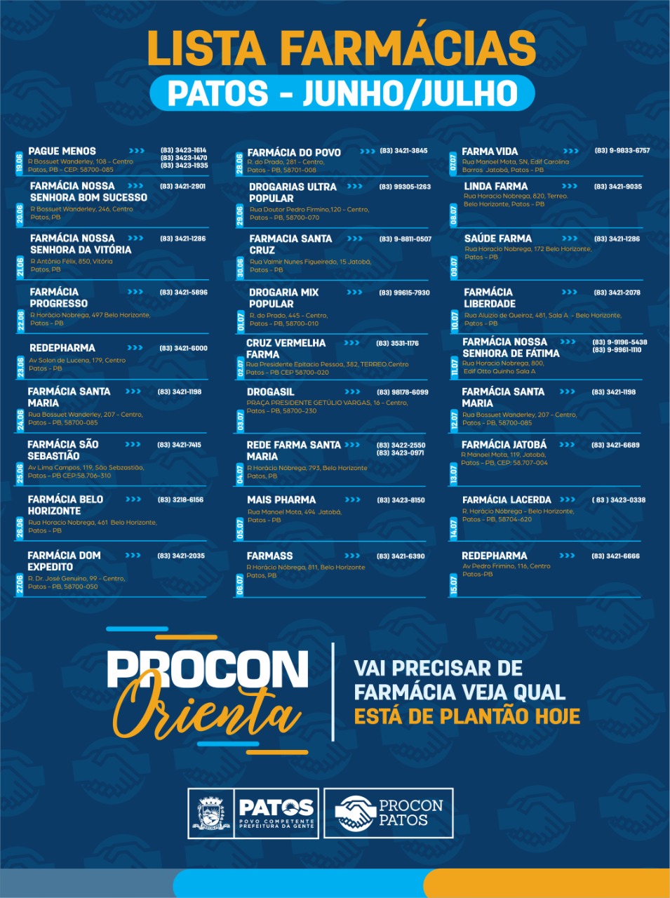 Divulgada agenda de plantões 24h de farmácias na cidade de Patos. Veja