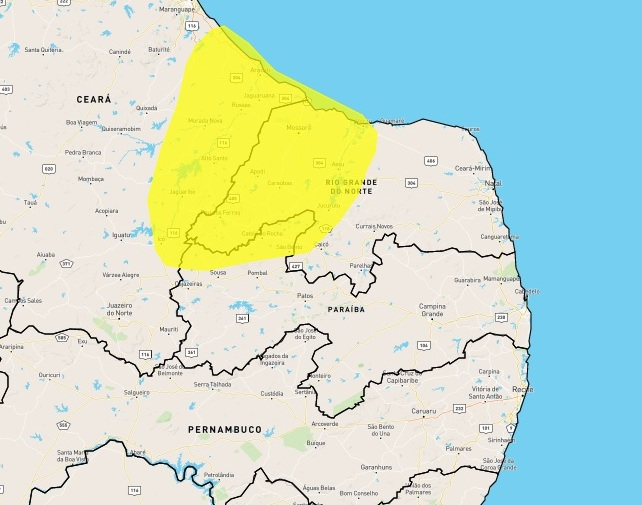 Inmet inclui 70 cidades da Paraíba em alertas de perigo potencial por chuvas; municípios do Sertão aparecem na lista
