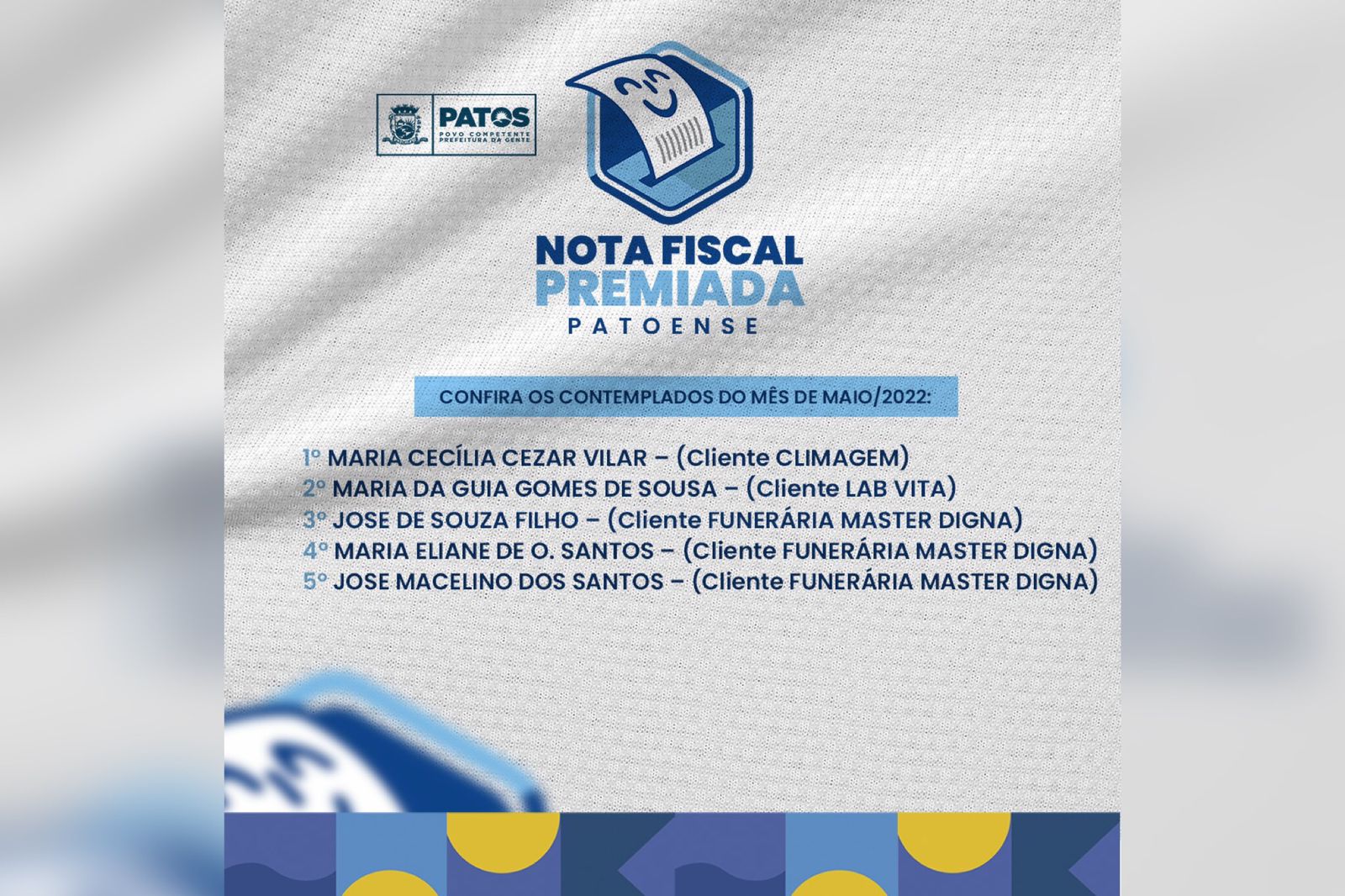 Prefeitura de Patos divulga ganhadores do Programa Nota Fiscal Premiada do mês de maio