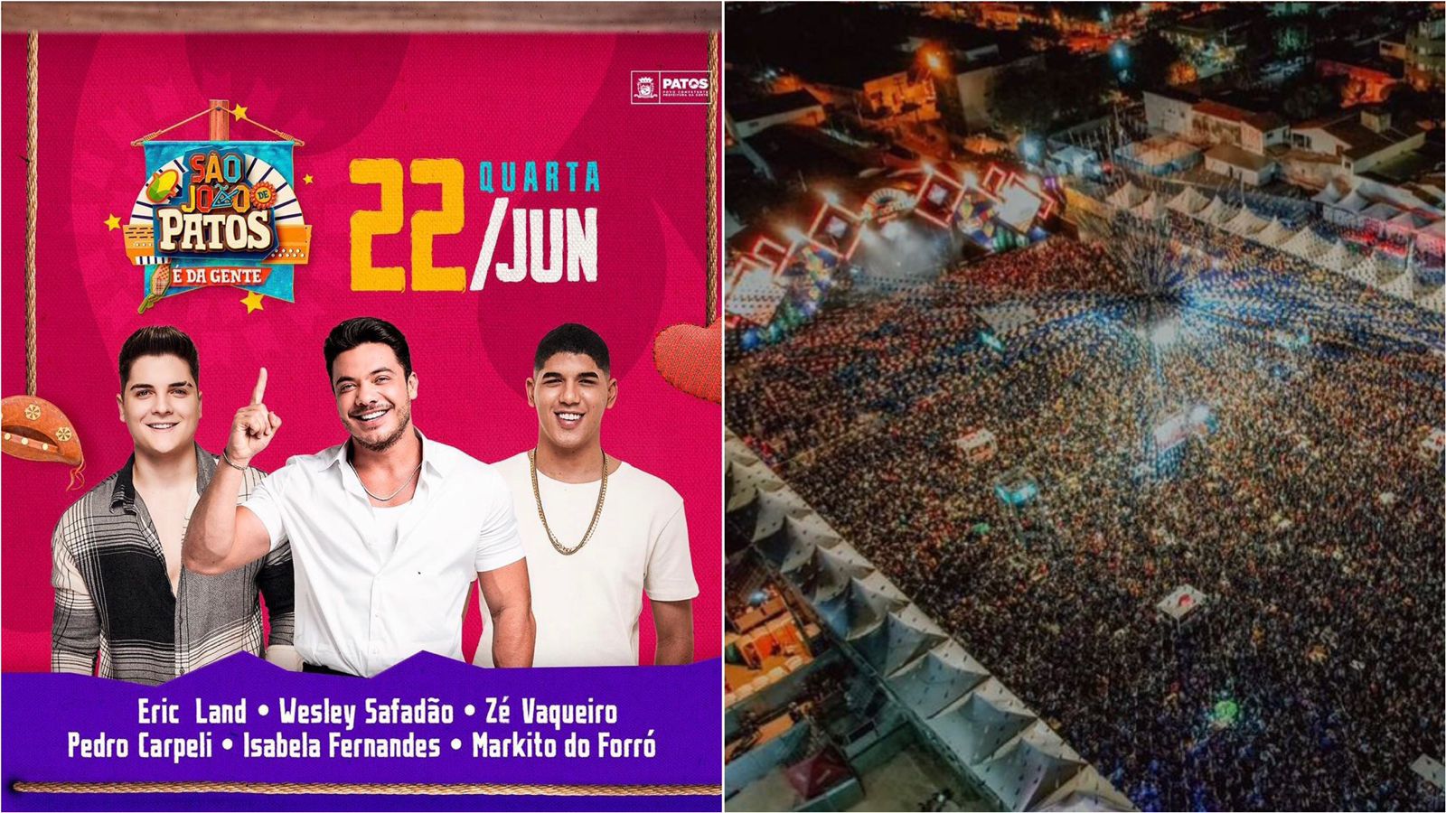 Wesley Safadão, Zé Vaqueiro, Eric Land, Pedro Carpeli, Isabela Fernandes e Markito do Forró animam 3ª noite do São João de Patos nesta quarta-feira (22)