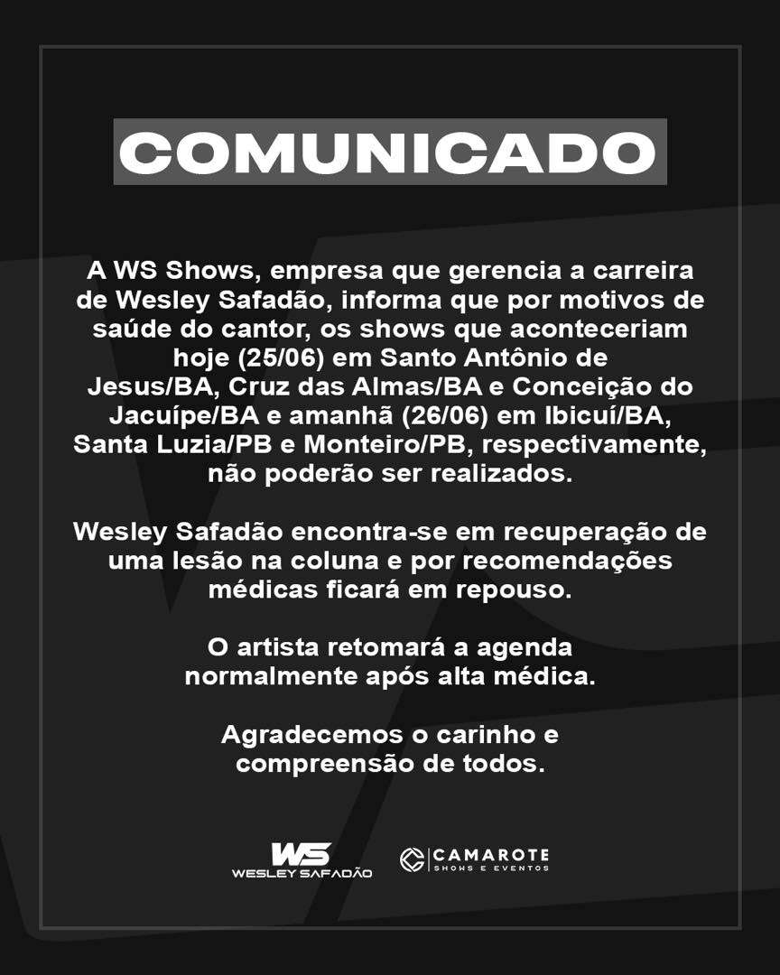 Show do cantor Wesley Safadão em Santa Luzia é cancelado por problemas de saúde. Confira a nota