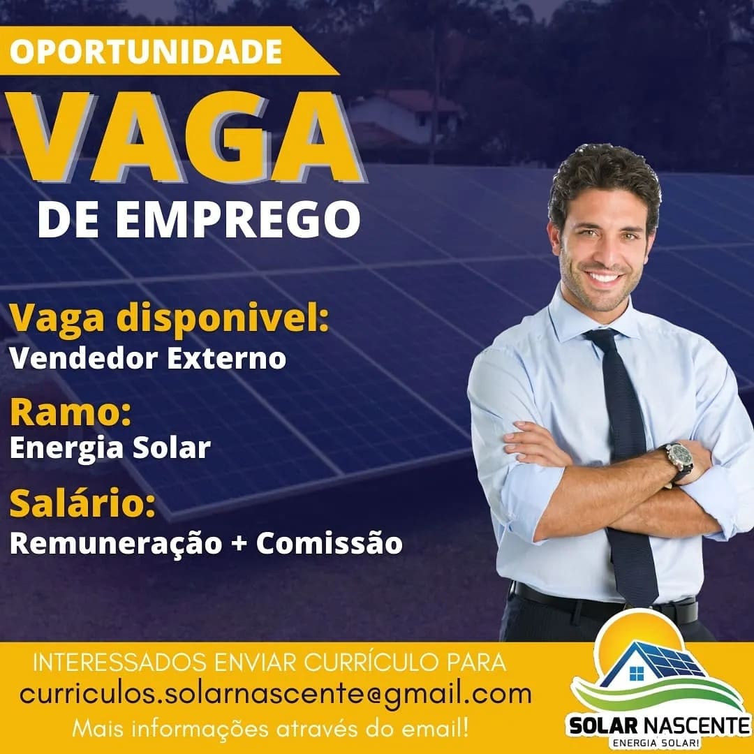 Solar Nascente, empresa especializada em Energia Solar, oferece vagas de emprego para vendedores externos