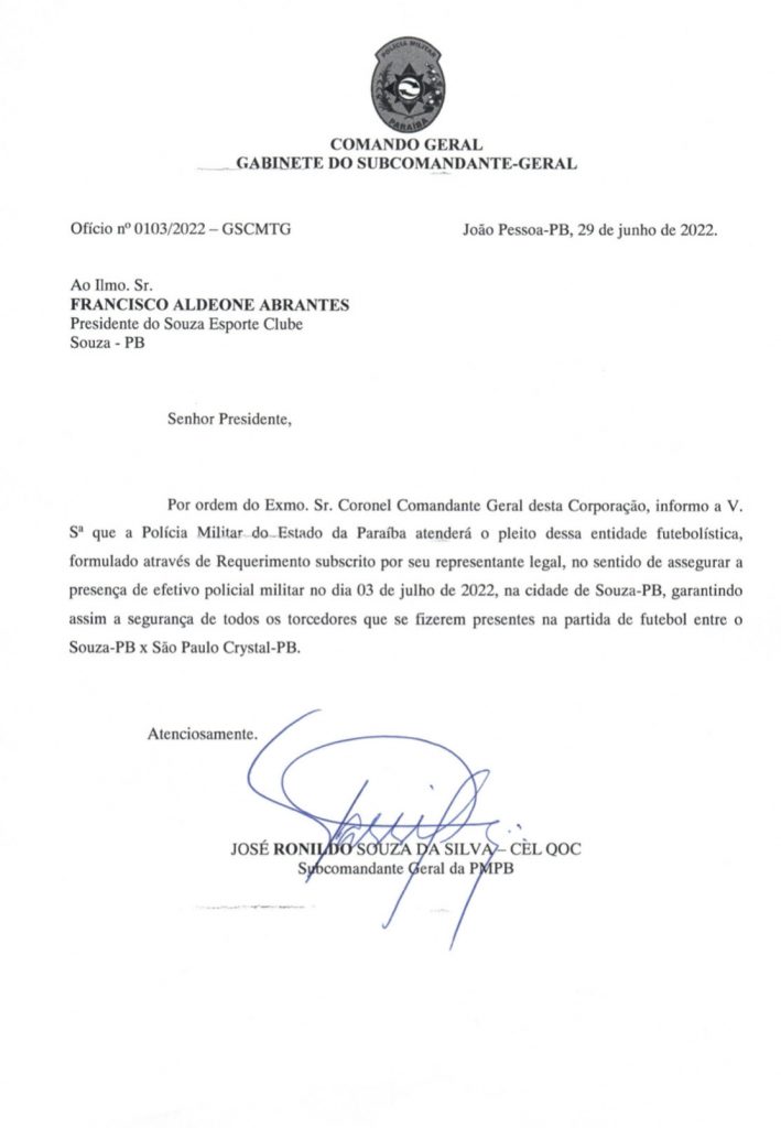 Polícia Militar confirma realização de Sousa x São Paulo Crystal para o próximo domingo
