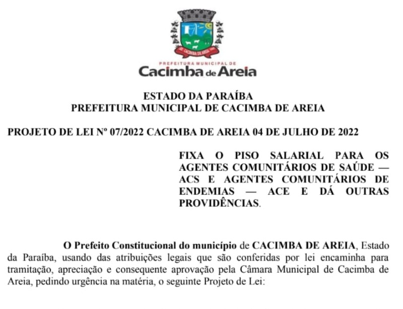 Prefeitura de Cacimba de Areia envia projeto para CM de Vereadores com reajustes salariais dos Agentes de Saúde e de Endemias