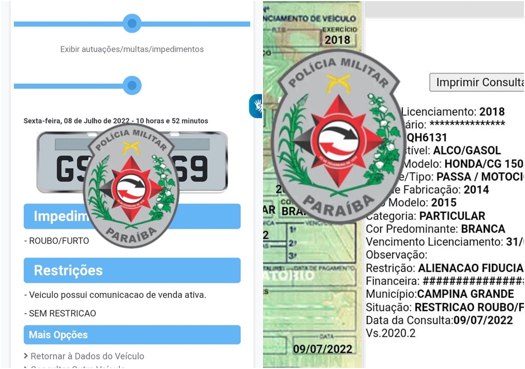 Polícia Militar recupera dois veículos nessa sexta-feira (08) em Patos e região