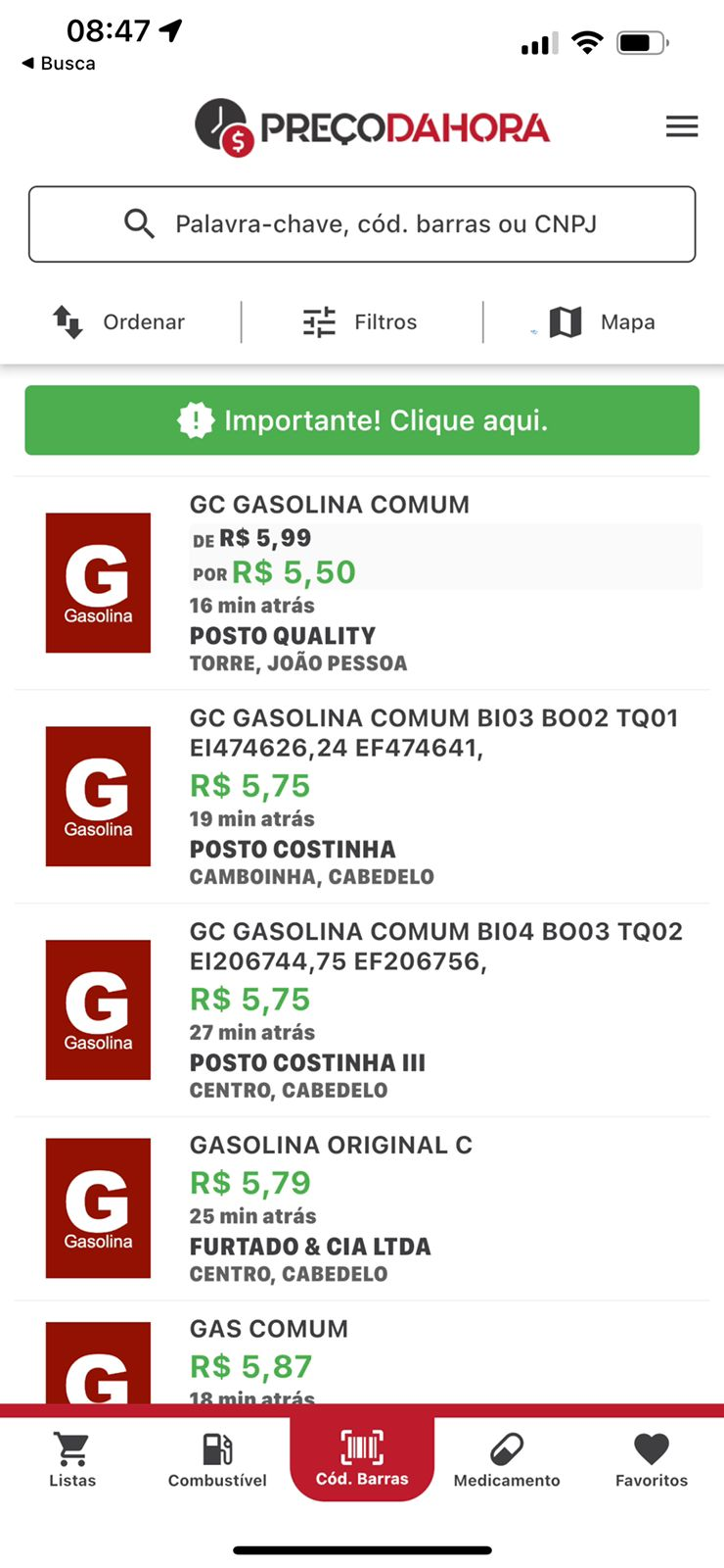 Preço da gasolina continua caindo e já é encontrada a R$ 5,50 na Paraíba