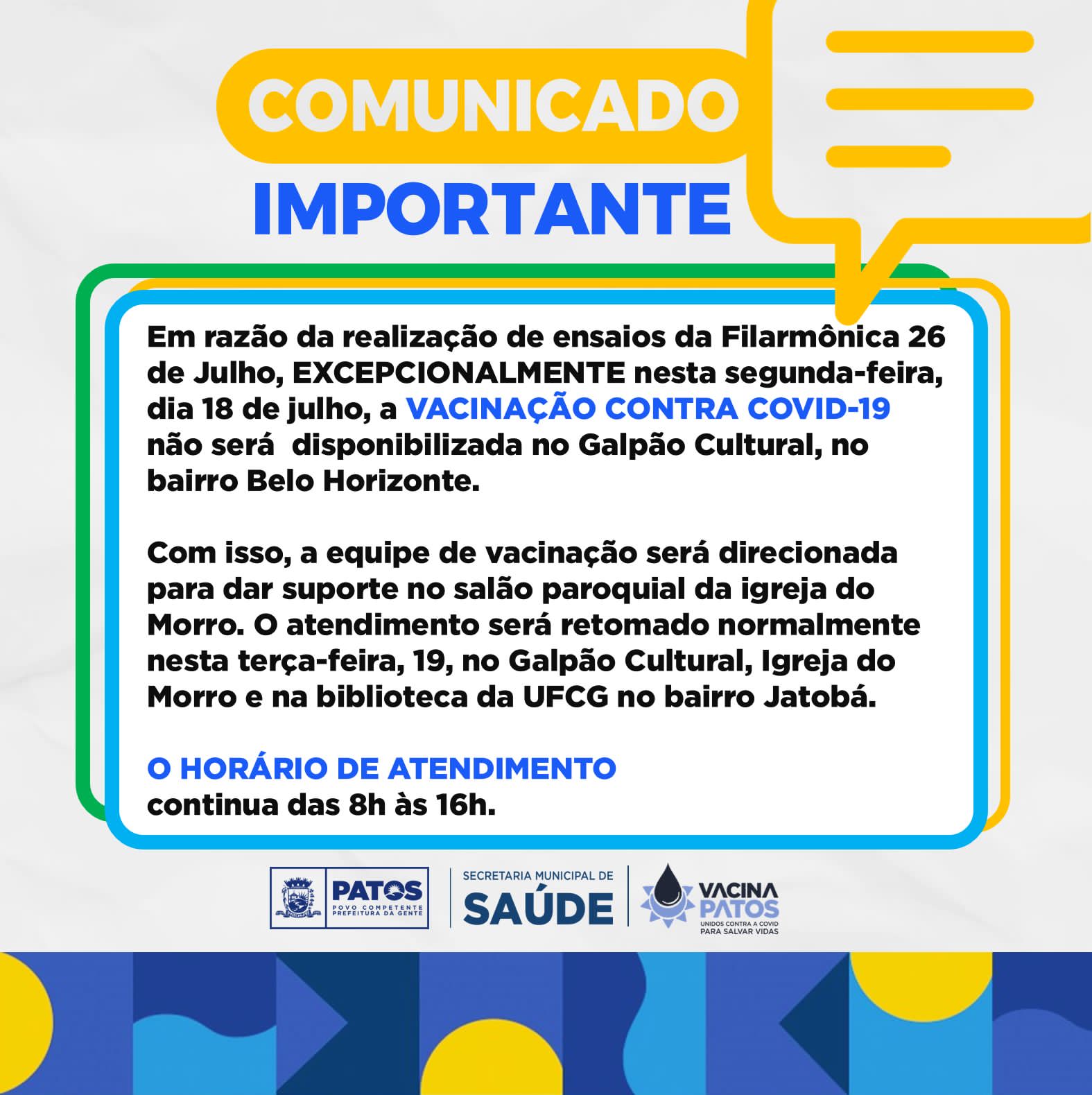 Prefeitura de Patos suspende vacinação no Galpão Cultural nesta segunda-feira