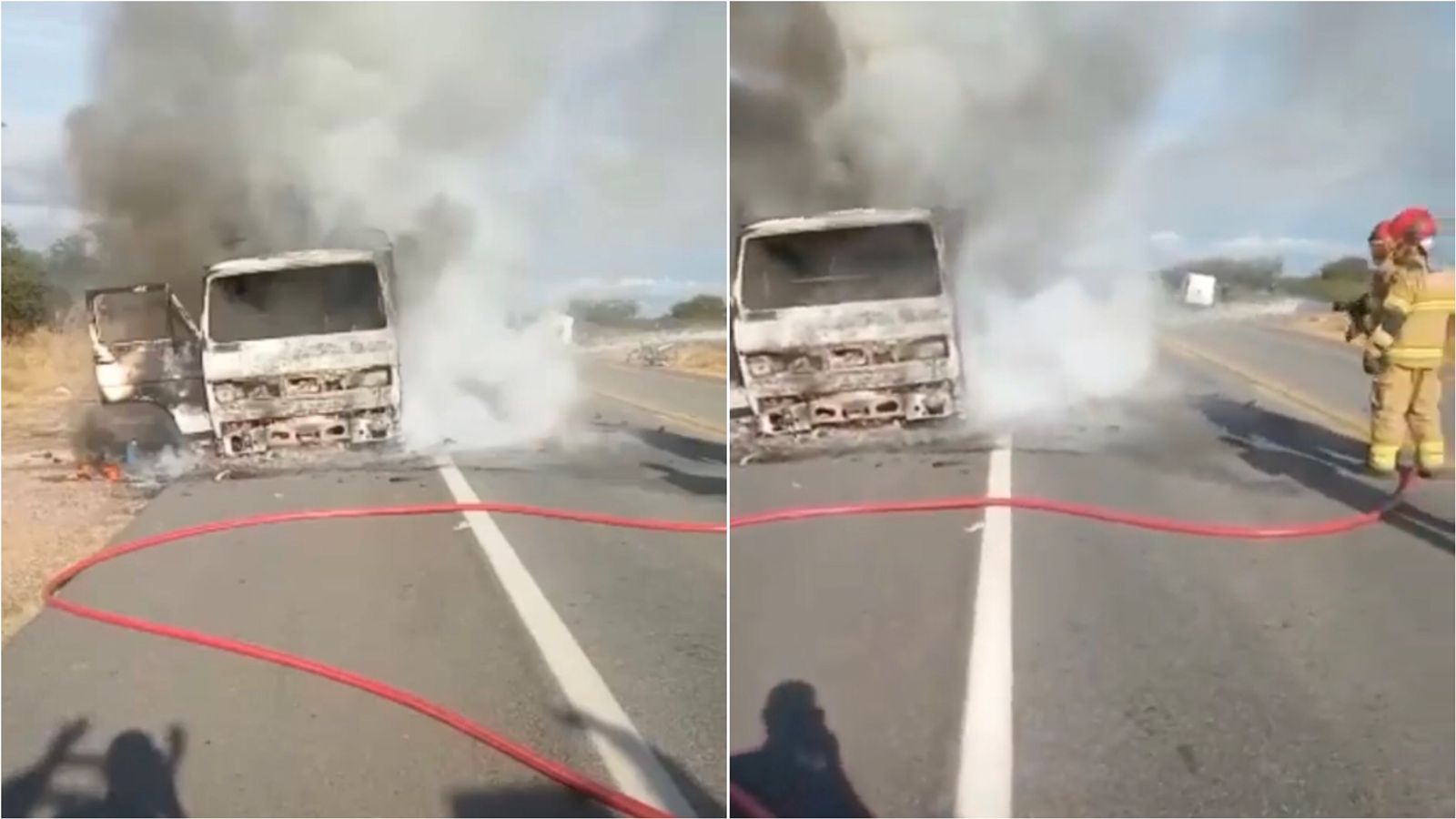 No Sertão: caminhão com carga de madeira pega fogo na BR-230, em Aparecida. VÍDEO