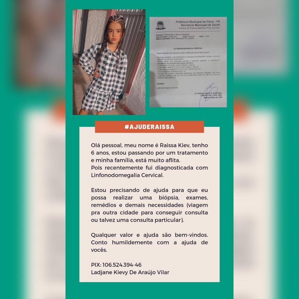 Portadora de Linfonodomegalia cervical, criança de 7 anos pede ajuda para realizar exames de alto custo. Veja como ajudar 