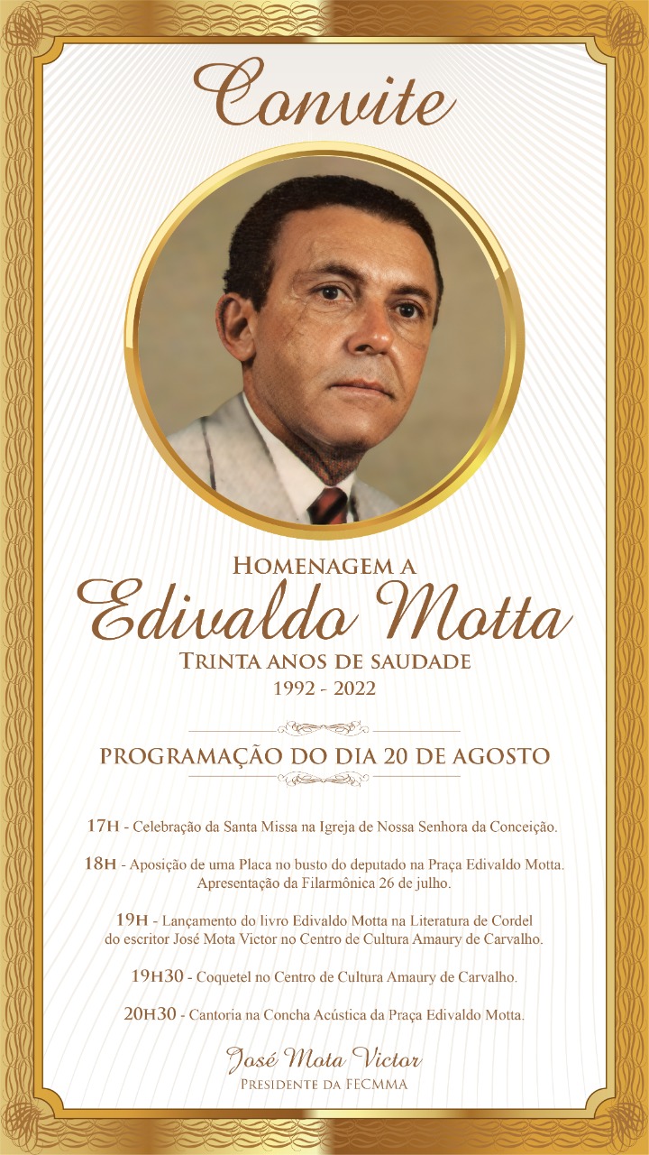 Programação especial em homenagem aos 30 anos pela morte do deputado Edivaldo Motta será realizada neste sábado (20), em Patos