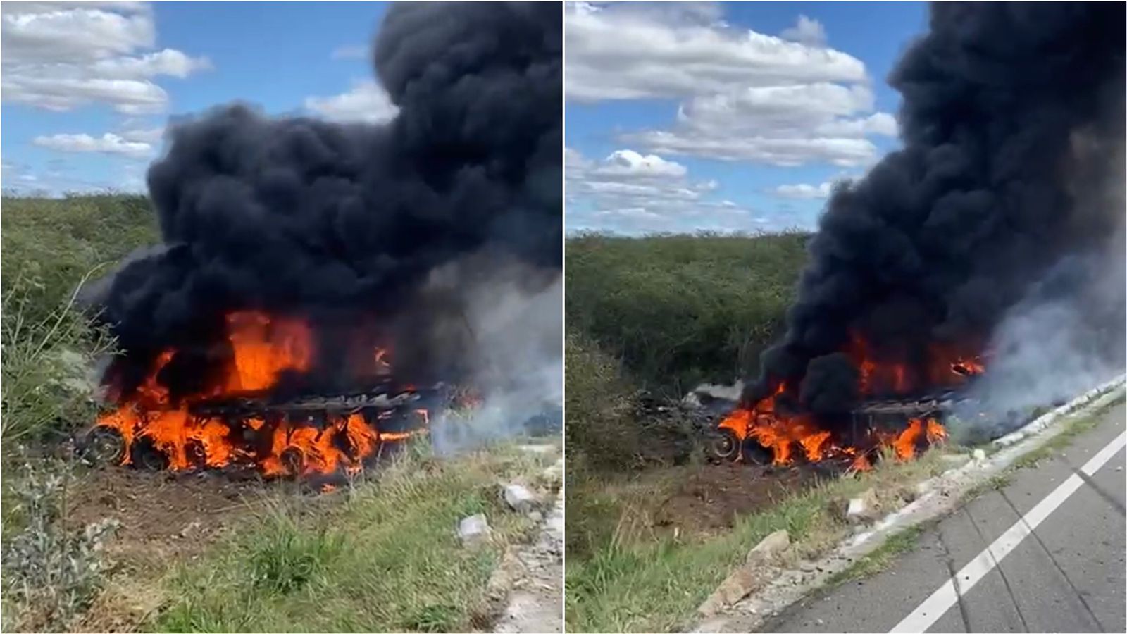 Carreta fica totalmente destruída após pegar fogo na BR-405, entre São João do Rio do Peixe e Uiraúna. VÍDEO