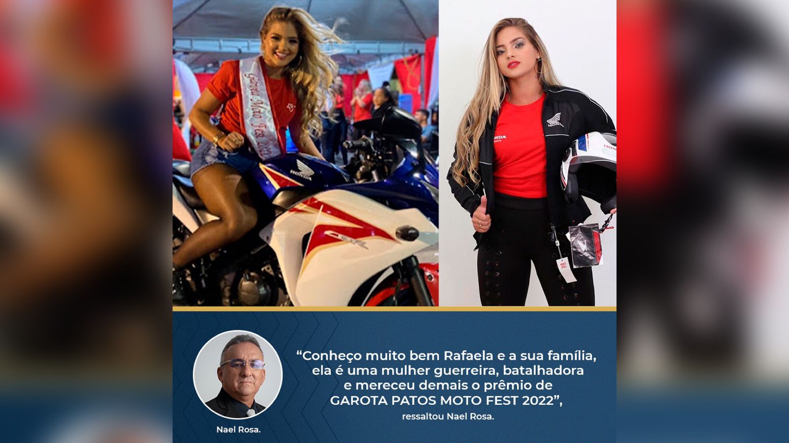 Ex-prefeito de Malta, Nael Rosa, parabeniza Rafaela Santos por ser eleita a vencedora do Concurso Garota Patos Moto Fest 2022
