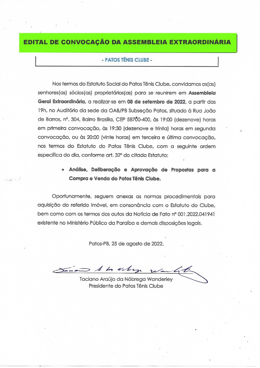 Comissão de Venda do Patos Tênis Clube realiza assembleia extraordinária para discutir venda do clube em setembro