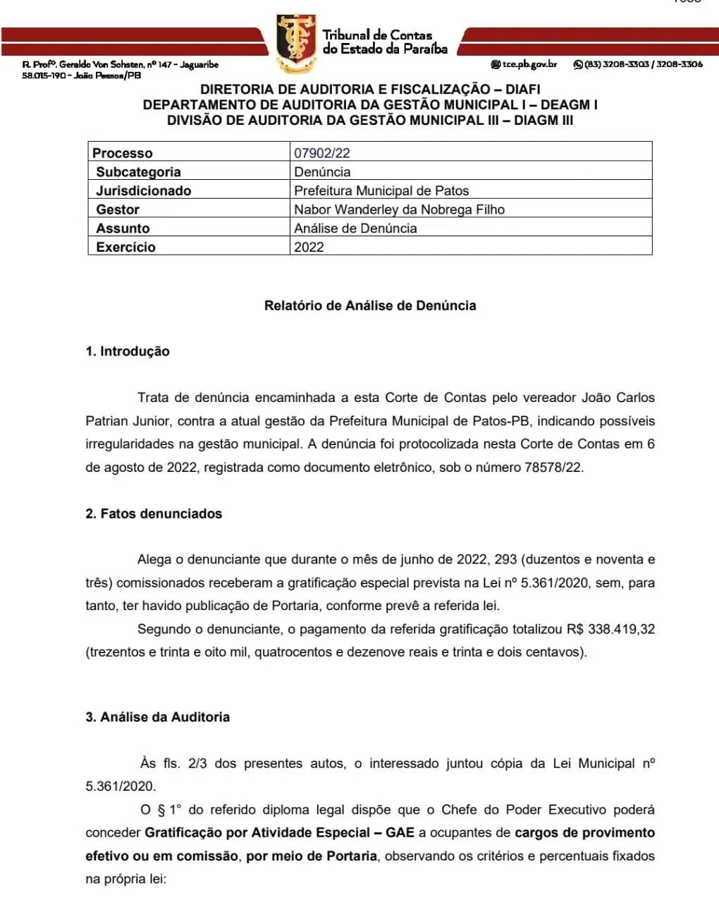 TCE-PB acata denúncia do vereador Sargento Patrian sobre irregularidades no pagamento de Gratificação por Atividade Especial e intima prefeito Nabor Wanderley