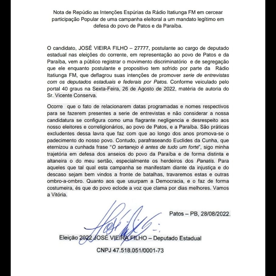 Candidato de Patos entra com ação no TRE alegando que emissora de Rádio teria lhe excluído de entrevistas. Advogado da empresa se manifesta   
