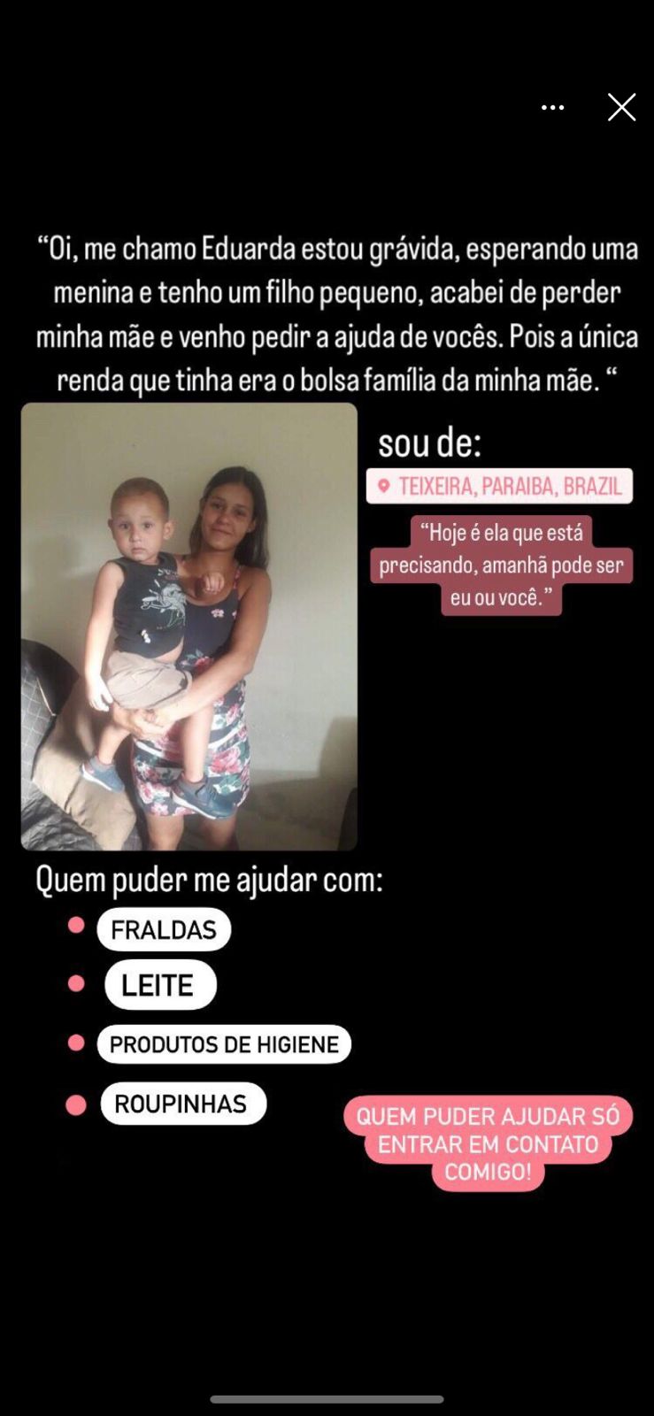 Jovem da cidade de Teixeira, grávida de 6 meses e mãe de criança de 1 ano, pede ajuda para comprar mantimentos dos filhos. Veja como ajudar