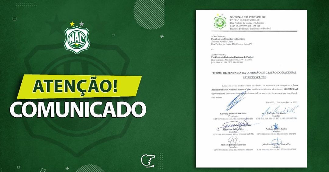 Junta administrativa do Nacional de Patos renuncia e nova eleição deverá ser convocada