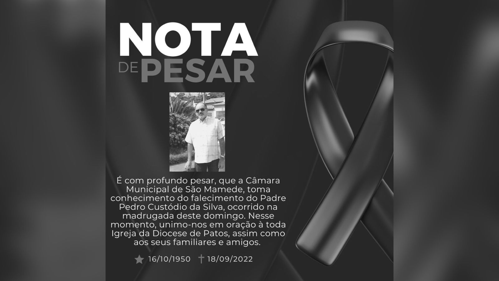 Câmara Municipal de São Mamede emite nota de pesar pelo falecimento do Padre Pedro Custódio