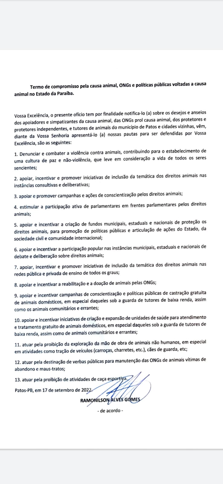 Dr. Ramonilson assina compromisso com a ampliação das políticas públicas de proteção animal na Paraíba