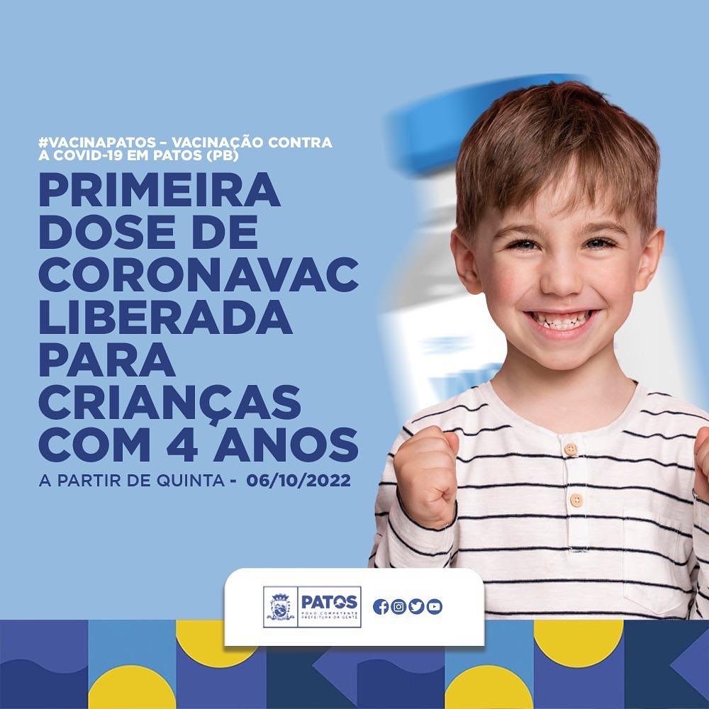 Patos inicia vacinação de crianças de 4 anos com a primeira dose de Coronavac a partir desta quinta-feira (06)