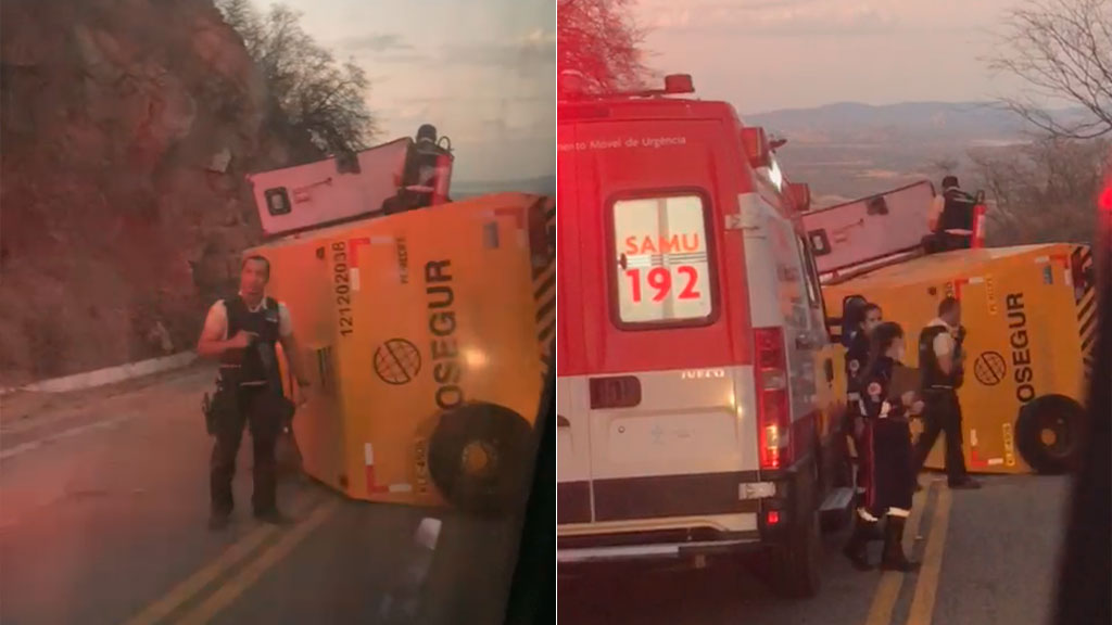 Carro-forte tomba no início da noite desta quinta-feira (06) na Serra de Teixeira. VÍDEO