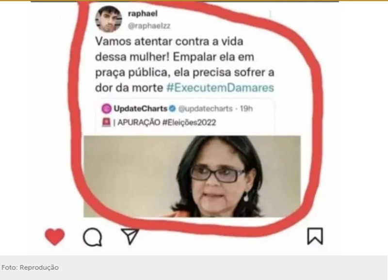 Para ‘purificar a raça’, esquerdista ameaça ‘executar’ filhos de bolsonaristas e pede a morte da senadora Damares Alves