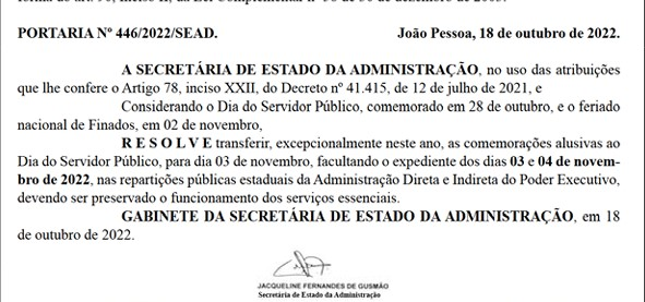 Governo do Estado altera ponto facultativo e servidores ganham feriadão com cinco dias de folga na Paraíba