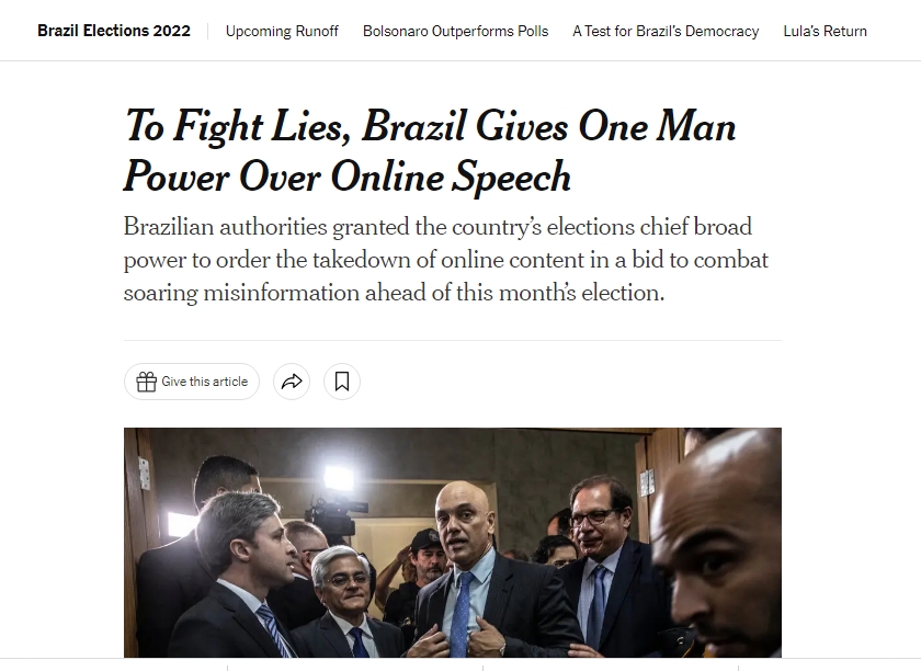 “Um homem pode agora decidir o que pode ser dito online no Brasil”, estampa “The New York Times” sobre decisões do TSE contra a liberdade de expressão
